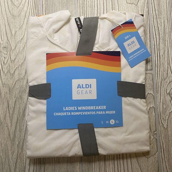 Aldi Gear ‘24 Windbreaker Jacket Ladies L White Logo Rainbow Water Resistant New - Picture 1 of 7